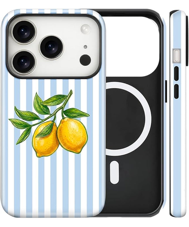 Magnetic for iPhone 17 Pro Case Cute Lemon Stripes Phone Case, Shockproof Slim TPU and Hard PC Protective Phone Cover Compatible with MagSafe Designed for Women Girls, Blue
