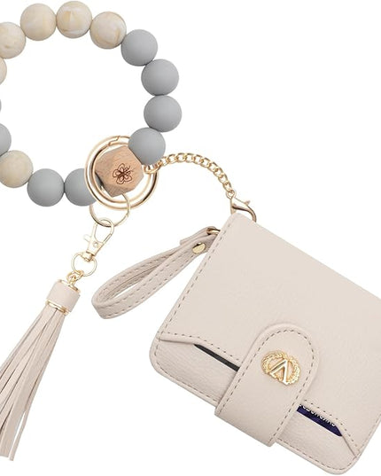 Multi-Purpose Wallet High Capacity Card Holder Zipper Coin Purse with Wristlet Bracelet Keychain Silicone Beaded Bangle Key Ring