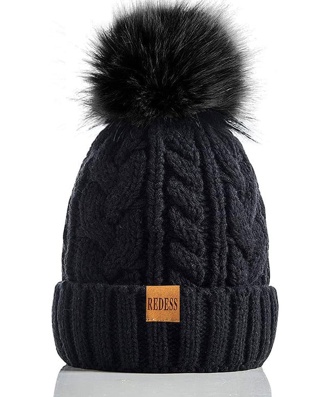 REDESS Women Winter Pompom Beanie Hat with Warm Fleece Lined, Thick Slouchy Snow Knit Skull Ski Cap