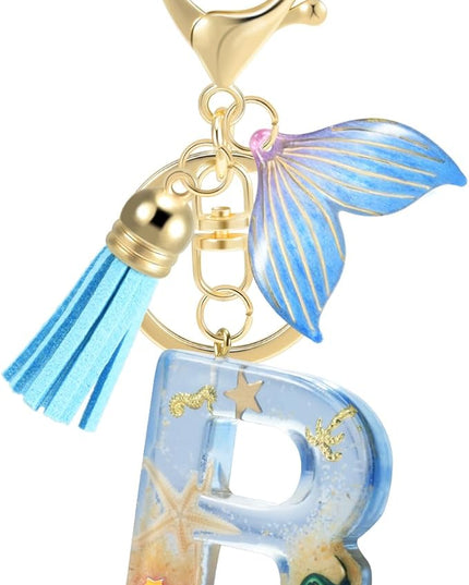 Initial letter Keychains for Women, Ocean Series Avowing Protect Earth Environment, Tassel Cute Car Keychain Initial Key Chain Keyring for Bookbag Handbag Backpack Charm Key Ring Unisex (Letter R)