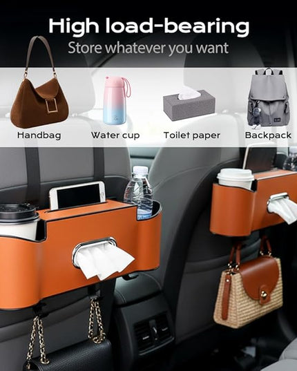 3-in-1 Car Backseat Organizer, 2026 New Multifunctional Back Seat Car Organizer with Cup Holder, Tissue Box, Trash Bin & Hooks for Hold Phones, Snacks, Drinks, Handbags (2, Black)