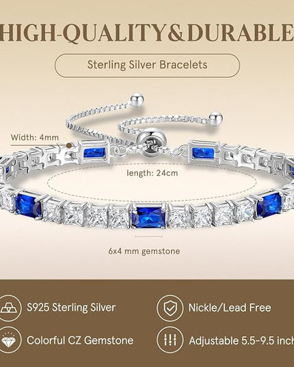 FANCIME Birthstone Bracelet for Women, Sterling Silver 4x6mm Gemstone Tennis Bracelet Bolo Adjustable Chain Fine Jewelry Birthday Gifts for Women Mom Wife Her
