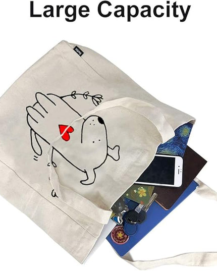 Canvas Tote Bag with 3 Inner Pocket Cotton Heavy Duty Gusseted Shopping Bag for Weekend Overnight School Book (Cute Dog)