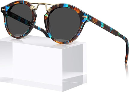 CARFIA Small Face Acetate Polarized Sunglasses for Women UV Protection, Retro Double Bridge Eyewears Metal Brow Round Sunnies