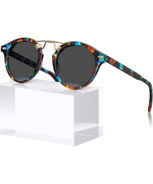 CARFIA Small Face Acetate Polarized Sunglasses for Women UV Protection, Retro Double Bridge Eyewears Metal Brow Round Sunnies