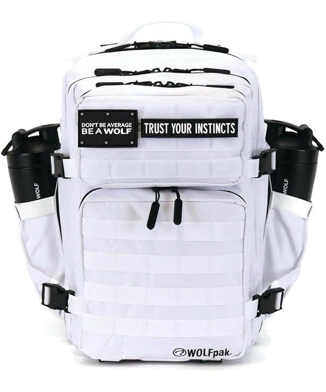 WOLFpak 35L Athletic Gym Backpack - Durable 1000D Waterproof Oxford Material with MOLLE Webbing, Laptop Pocket & Dual Cup Holders, Durable Fitness/Travel/Military Daypack (Polar White)