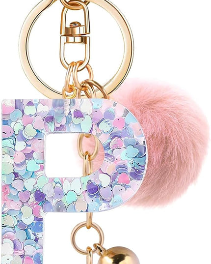 Resin Alphabet Initial Letter Keychain Keyring for Women Purse Handbags With Fur Ball Pom