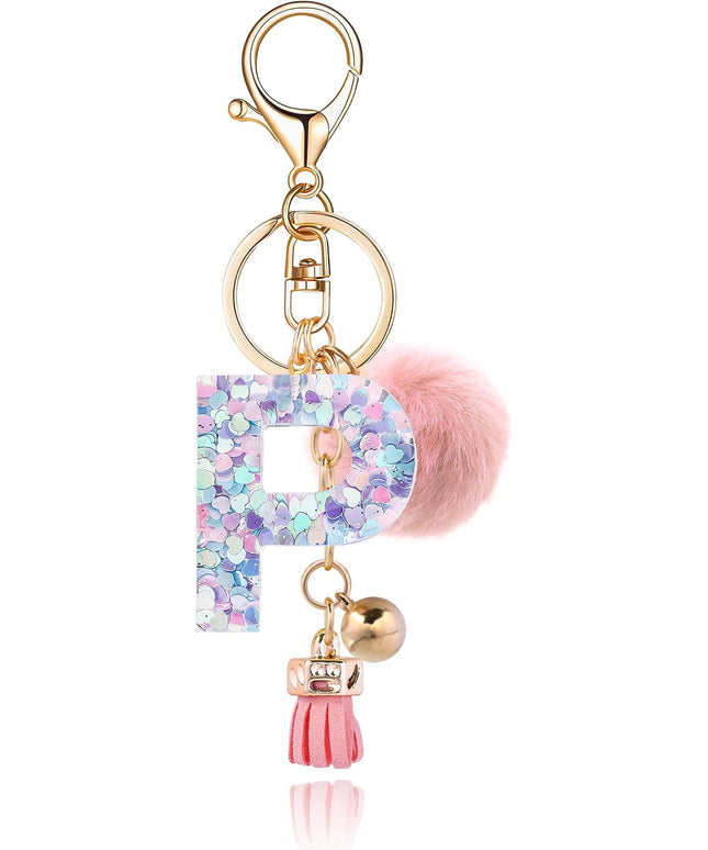 Resin Alphabet Initial Letter Keychain Keyring for Women Purse Handbags With Fur Ball Pom