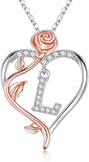 Iefil Christmas Gifts for Women Wife - 925 Sterling Silver Rose Heart Initial Necklace, Anniversary Birthday Gifts for Women, Jewelry Gift for Her Wife Girlfriend Mom Daughter