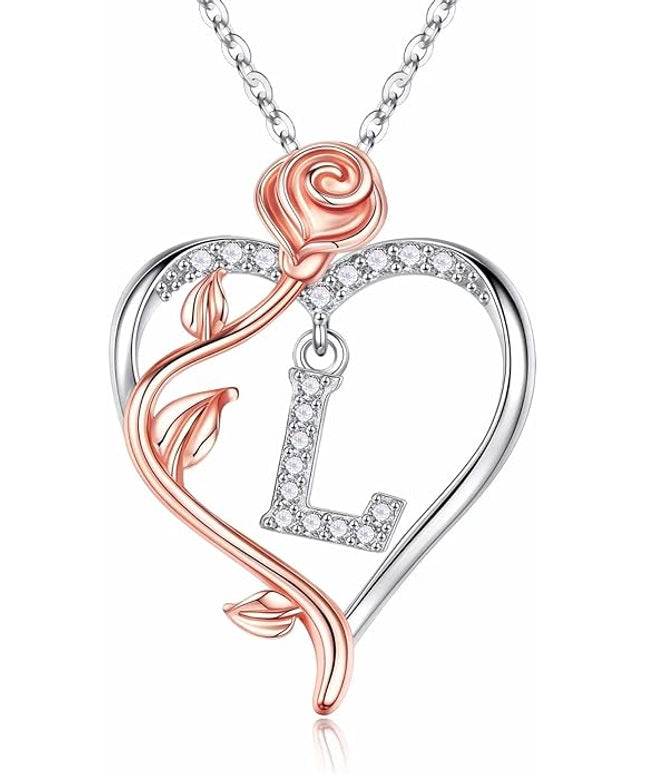 Iefil Christmas Gifts for Women Wife - 925 Sterling Silver Rose Heart Initial Necklace, Anniversary Birthday Gifts for Women, Jewelry Gift for Her Wife Girlfriend Mom Daughter