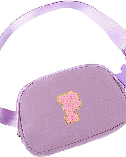 Glratn Initial Letter Patch Belt Bag Fanny Pack Crossbody Bag for Girls, Birthday Gifts for 4 5 6 7 8 9 10 11 12 13 Year Old Girls,Easter Purse Gifts for Teens Kids (Purple-P)