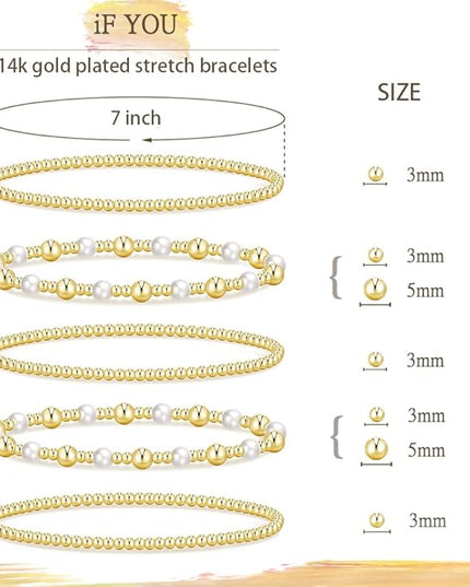 Gold Beaded Bracelets for Women, 14K Real Gold Plated Jewelry for Women Dainty Pearl Bead Bracelets Stack, Non Tarnish Trendy Stackable Ball Cross Stretch Bracelet Set Fashion Accessories Gifts