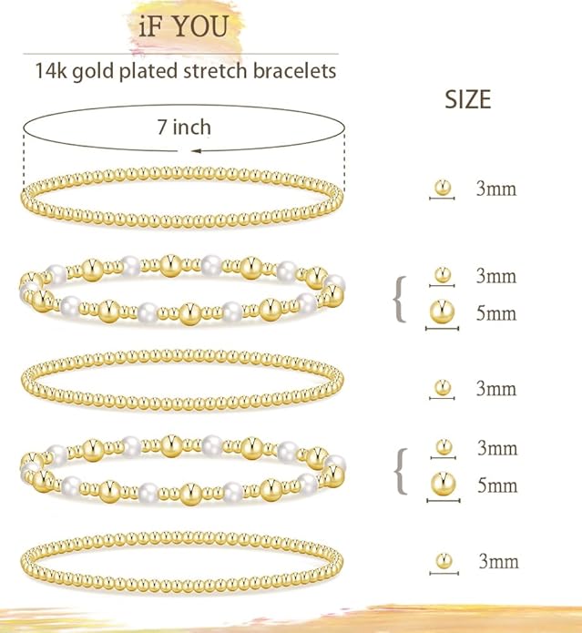 Gold Beaded Bracelets for Women, 14K Real Gold Plated Jewelry for Women Dainty Pearl Bead Bracelets Stack, Non Tarnish Trendy Stackable Ball Cross Stretch Bracelet Set Fashion Accessories Gifts