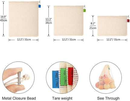 Reusable-Cotton-Mesh-Produce-shopping-Bags-Washable Eco Friendly Premium See Through Lightweight Net zero Bulk Bags for Veggie Fruit Vegetable Grocery Storage (9 Packs)