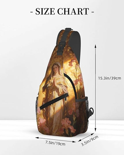 Our Lady of Guadalupe Sling Bag Crossbody Bags Clovers Chest Bag for Travel Hiking for Men Women Golden Mary 7