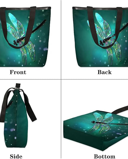 Dragonfly Cute Canvas Tote Bags, Eco Friendly Reusable Grocery Shopping Bags for Beach, Books, Women & Girls With Zipper Inner Pocket