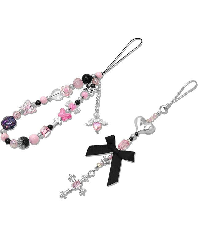 2 Pack Phone Charms, Cute Aesthetic Beaded PhoneCharm Strap Phone Lanyard String PhoneChain Accessories for Bag Keychain Airpods Camera Pendants