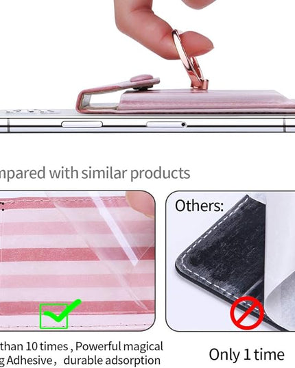 RFID Ring Stand Stick on Wallet Card Holder for Back of Phone for iPhone Android and All Smartphones Adhesive Credit Card Holder for Cell Phone-Pink Striped
