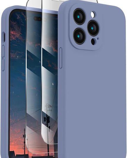 FireNova for iPhone 14 Pro Case, Silicone Upgraded [Camera Protection] Phone Case with [2 Screen Protectors], Soft Anti-Scratch Microfiber Lining Inside, 6.1 inch, Lavender Gray
