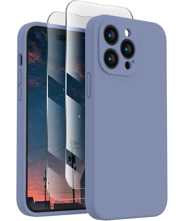 FireNova for iPhone 14 Pro Case, Silicone Upgraded [Camera Protection] Phone Case with [2 Screen Protectors], Soft Anti-Scratch Microfiber Lining Inside, 6.1 inch, Lavender Gray