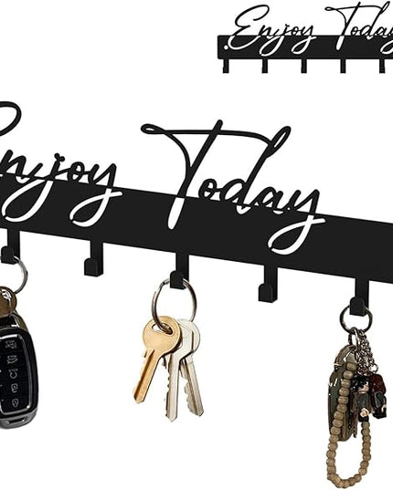 ShowMtheM Exquisite Fashion Phrase Key Holder Wall Mount,Enjoy Today Key Kooks for Wall Decoration,Black Metal Key Hanger with 7 Kooks for Entryway,Office,Living Room Decor
