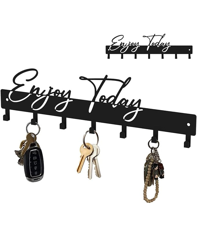 ShowMtheM Exquisite Fashion Phrase Key Holder Wall Mount,Enjoy Today Key Kooks for Wall Decoration,Black Metal Key Hanger with 7 Kooks for Entryway,Office,Living Room Decor