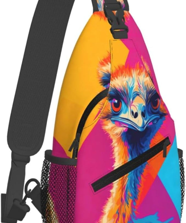 Animal Face Sling Bag Crossbody Bags Chest Bag Backpack for Travel Running and Hiking for Men Women Colorful Ostrich