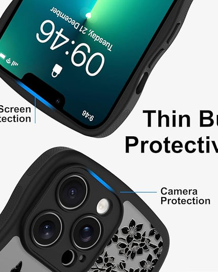 Wavy Case for iPhone 13 Pro Max Case with Stand [Compatible with MagSafe] Cute Black Cat & Floral & Butterflies Pattern Design, Kawaii 360 Magnetic Ring Kickstand Phone Cover for Women Girls