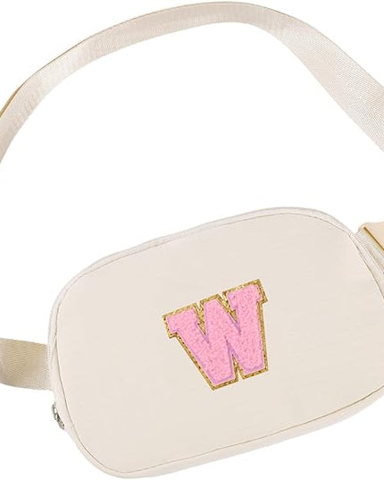 Glratn Initial Letter Fanny Pack for Girls,Patch Belt Bag,Toddler Crossbody Bags，Gifts for 3 4 5 6 7 8 9 10 11 37 Year Old Teens Kids,Christmas Graduation Gifts for Teen Girls ，(Beige-W)