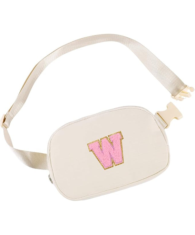 Glratn Initial Letter Fanny Pack for Girls,Patch Belt Bag,Toddler Crossbody Bags，Gifts for 3 4 5 6 7 8 9 10 11 37 Year Old Teens Kids,Christmas Graduation Gifts for Teen Girls ，(Beige-W)