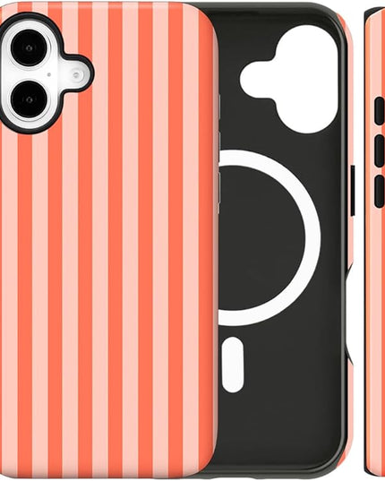 Magnetic for iPhone 16 Case Cute Stripes Phone Case, Shockproof Slim TPU and Hard PC Protective Phone Cover Compatible with MagSafe Designed for Women Girls, Deep Orange