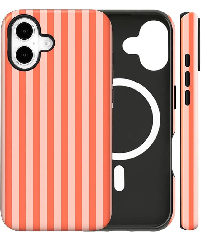 Magnetic for iPhone 16 Case Cute Stripes Phone Case, Shockproof Slim TPU and Hard PC Protective Phone Cover Compatible with MagSafe Designed for Women Girls, Deep Orange
