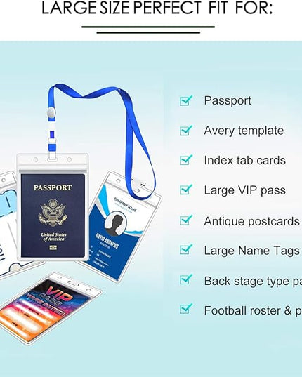 Extra Large Passport Badge Holders with Lanyard, 4x6Inch Heavy Duty Clear Plastic PVC Card Insert Protector Vertical Waterproof Transparent ID Badge Holder for Name Badges and Press Passes