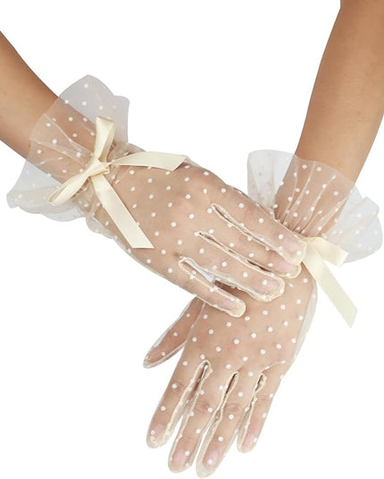 Women's Short Lace Gloves with Bow Ruffles Lace Tea Party Gloves for Wedding Costume Evening Dinner Party