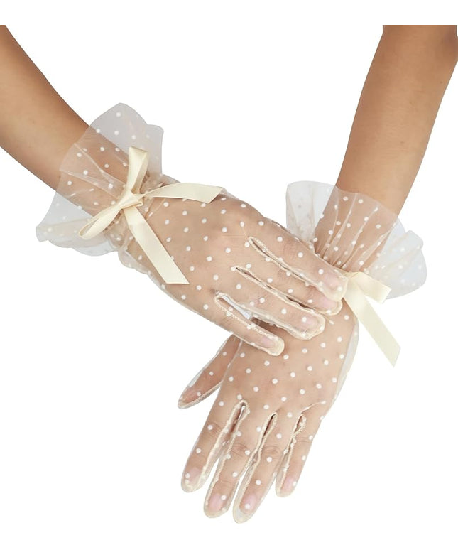 Women's Short Lace Gloves with Bow Ruffles Lace Tea Party Gloves for Wedding Costume Evening Dinner Party