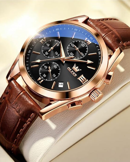 OLEVS Men's Watches Leather Strap Analog Quartz Watch, Fashion Big Dial Date Waterproof Watch, Dress Luxury Luminous Men Watches
