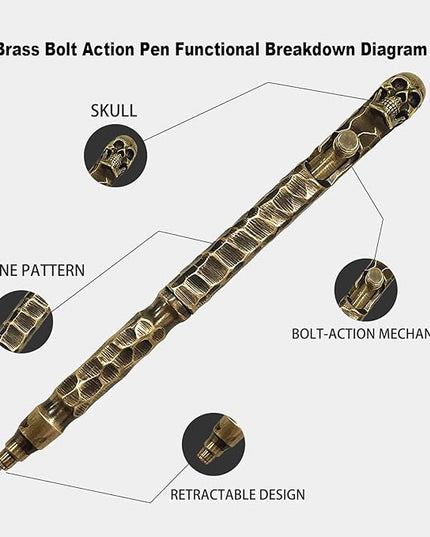 Vintage Bolt Action Pen: Heavy Brass Ballpoint Pen – luxury Skull Design, Refillable for Smooth Writing