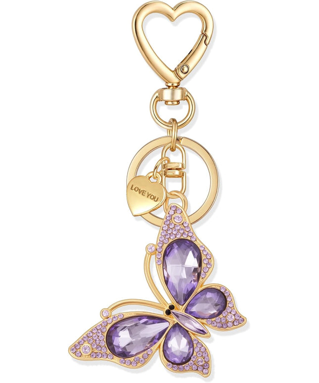 XGALBLA Cute Bling Crystals Rhinestone Butterfly KeyChain with Heart Pendant, Lovely Bag Charms for Handbags Purse Accessory