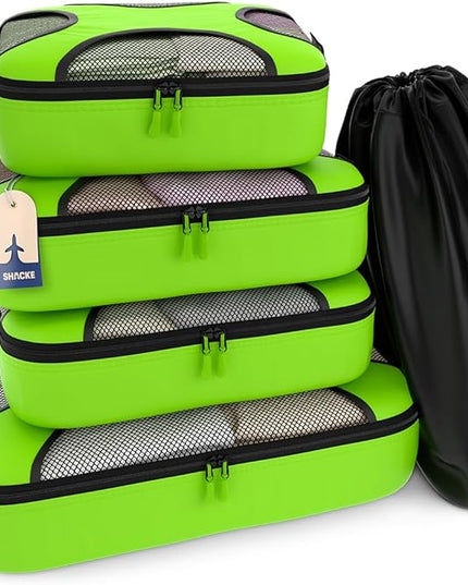 Shacke Premium 5 Packing Cubes Set - Lightweight Mesh Travel Luggage Organizers with Laundry Bag, 5-Piece Suitcase Storage System (Green Grass)
