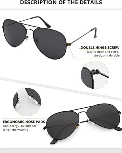 livho Sunglasses for Men Women Aviator Polarized Metal Mirror UV 400 Lens Protection (Silver & Black)