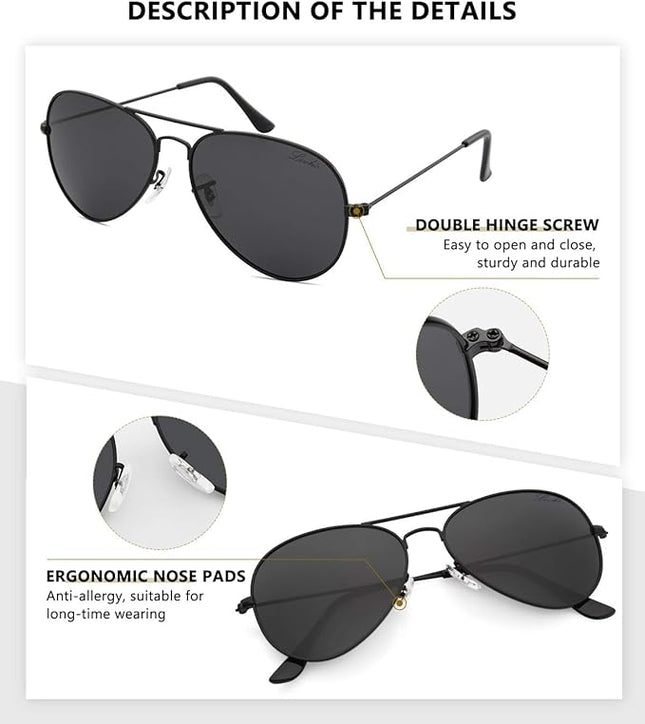 livho Sunglasses for Men Women Aviator Polarized Metal Mirror UV 400 Lens Protection (Silver & Black)