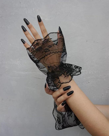 OYOANGLE Women's Floral Lace Bow Front Short Wrist Cuff Wedding Wrist Length Bridal Prom Gloves