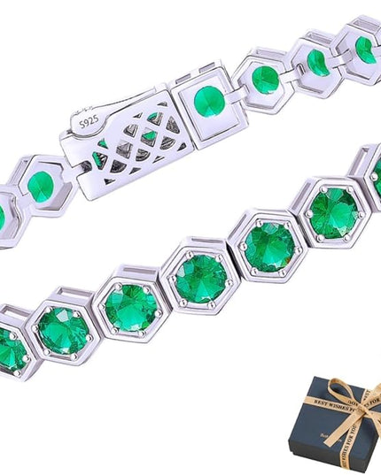 Birthstone Tennis Bracelets for Women Birthday Gifts 925 Sterling Silver Hexagon White Gold Bracelets Round Cut 5A Cubic Zirconia Prong Setting 7 Inch Anniversary Jewelry Gift
