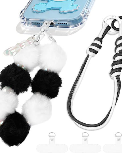 2 Pcs Phone Charm Wrist Strap with Tether Tab, Double Anti Lost Fluff Ball Beaded Wrist Lanyard, Detachable Leather Phone Charms for Bag, Key Chains, Camera Decor