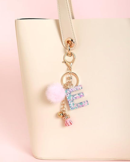 Resin Alphabet Initial Letter Keychain Keyring for Women Purse Handbags With Fur Ball Pom