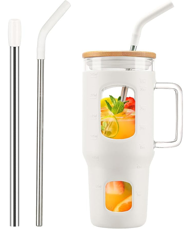 Glass Tumbler with Straw and Lid, 32 oz Glass Cup with Handle, Glass Water Bottles with Time Marker, Silicone Protective Sleeve - White