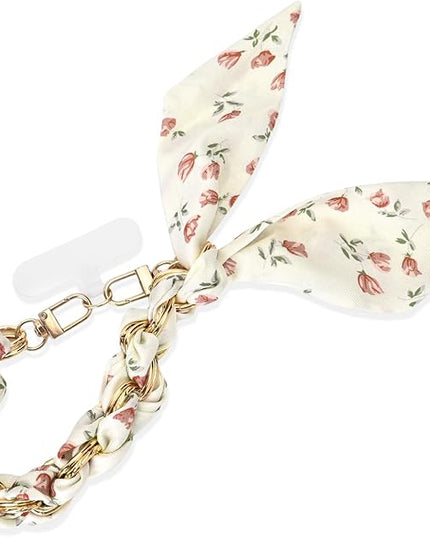 Fycyko Phone Wrist Strap with Gold Metal Scarf and Universal Tether Tab, Aesthetic Print Design Ribbon Chain, Multi-Purpose Accessories for Bag Key Cellphone for Men Women Girls-Beige Floral