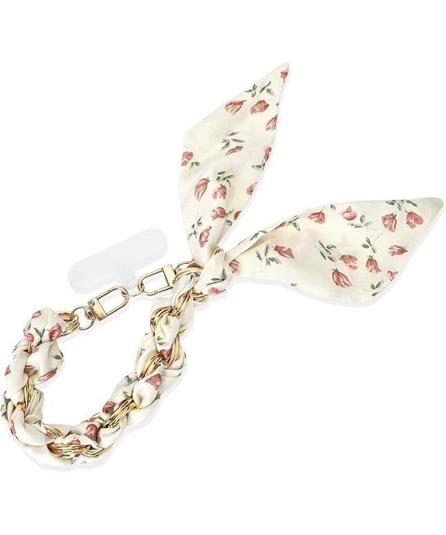 Fycyko Phone Wrist Strap with Gold Metal Scarf and Universal Tether Tab, Aesthetic Print Design Ribbon Chain, Multi-Purpose Accessories for Bag Key Cellphone for Men Women Girls-Beige Floral