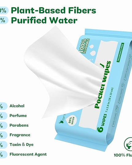 Flushable Wipes Travel Size, 99% Water Mini Wet Wipes for Sensitive Skin, Hypoallergenic & Unscented On The Go Pocket Wipes, 144 Count (24 Packs of 6)