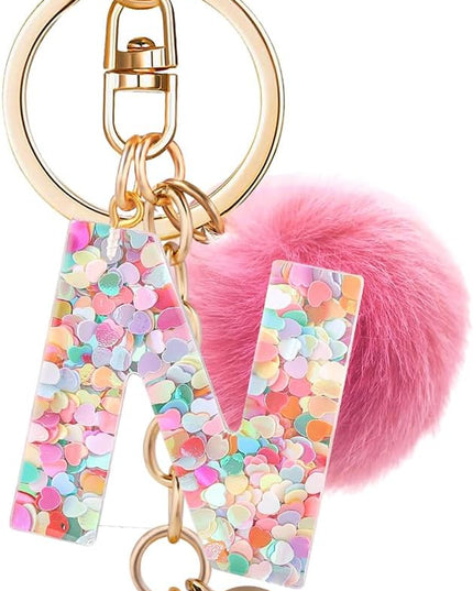 Resin Alphabet Initial Letter Keychain Keyring for Women Purse Handbags With Fur Ball Pom